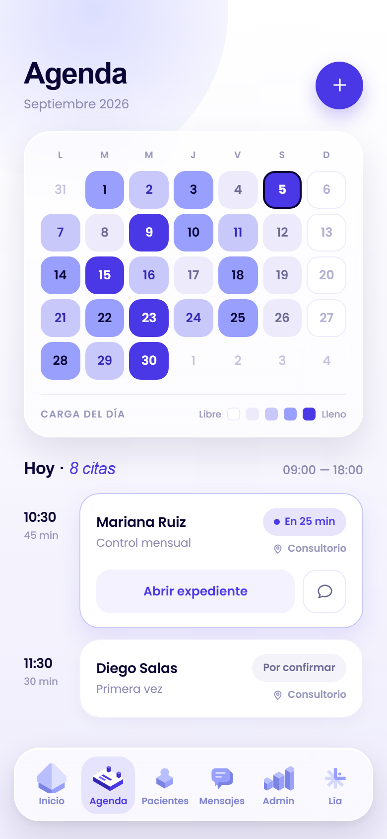 Agenda de LÍA: el mes, la carga de cada día y las citas de la jornada.