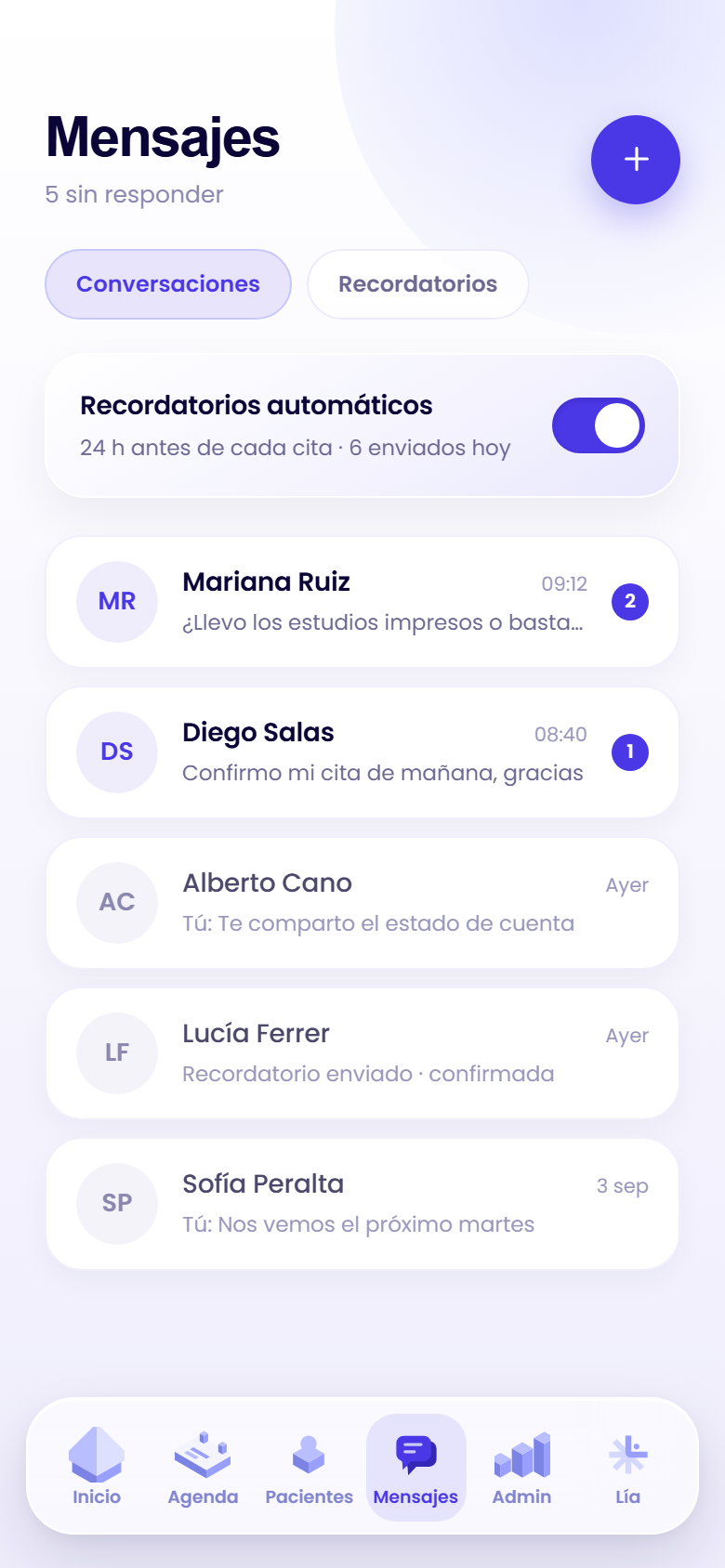 Conversaciones de WhatsApp que LÍA atiende por el consultorio.