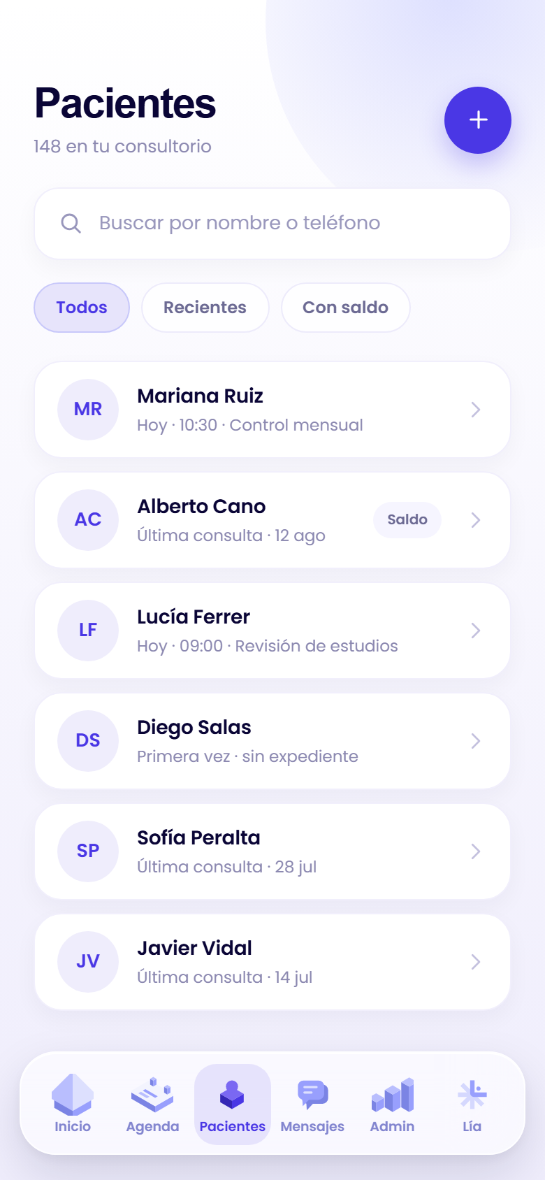Lista de pacientes de LÍA con su última consulta y su saldo.
